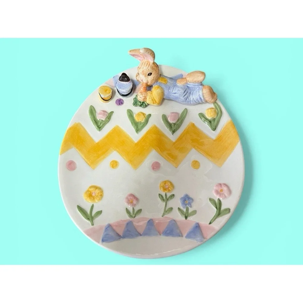 Fitz & Floyd Omnibus Eggspress Bunny‎ Rabbit Plate Cup Set Pastel Spring Vintage